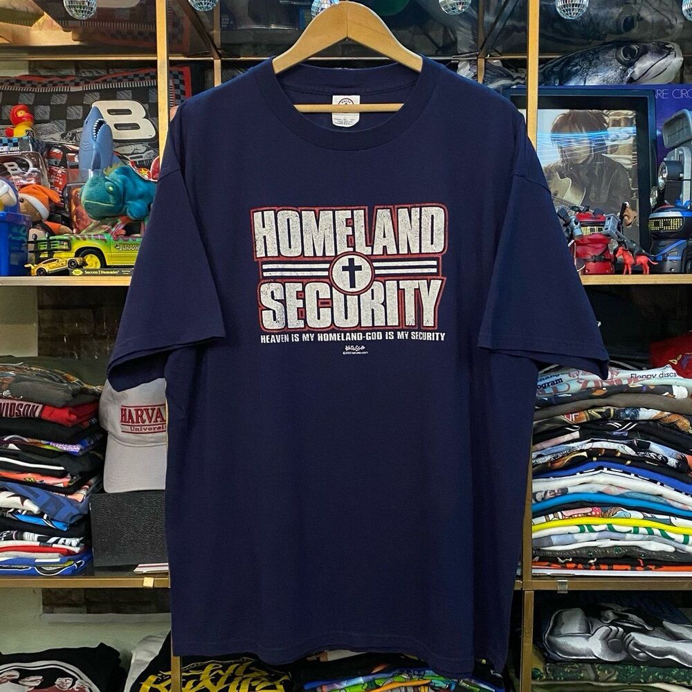 Vintage Y2K Kerusso Homeland Security Jesus T-Shirt XL Navy Christian Cross 2002